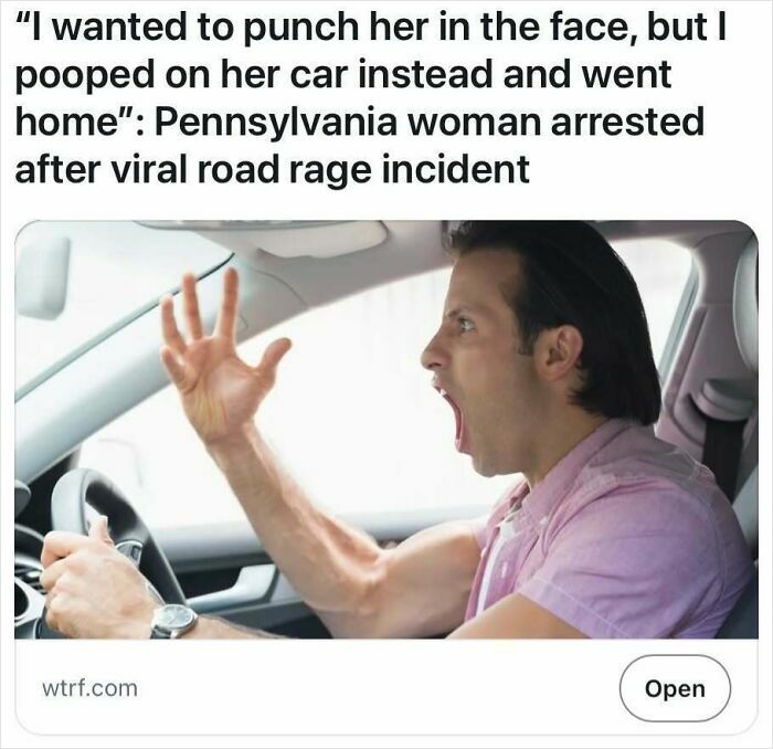 Man shouting angrily while driving, illustrating viral road rage incident from headlines that could pass for satire but are true.
