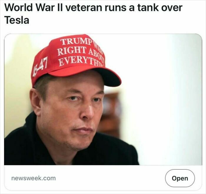 Elon Musk wearing a red MAGA hat in a close-up image illustrating satire headlines that are unfortunately true.