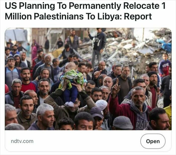 Crowd of people, including men and a child, gathered in a rubble-filled area illustrating headlines that could pass for satire but true.