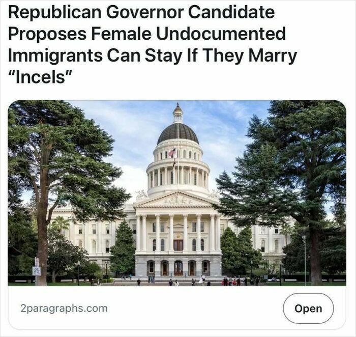Satirical headline about a Republican governor candidate and immigration with government building in background.