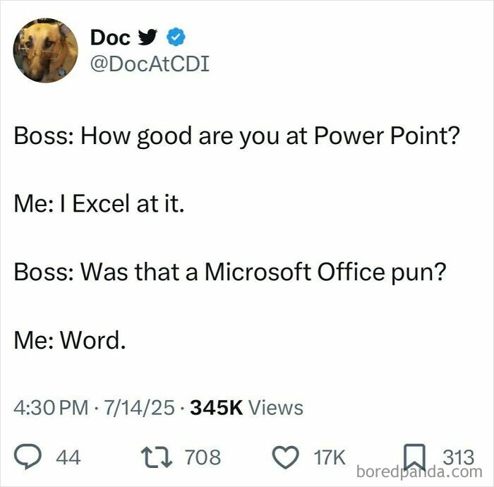 Tweet with a Microsoft Office pun joke, showcasing hilarious tweets that slapped harder than a mosquito bite in July.