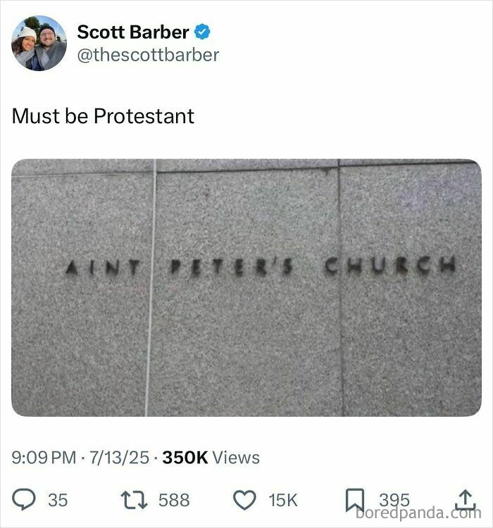 Tweet about a humorous sign reading Ain't Peter’s Church, part of hilarious tweets from July collection.