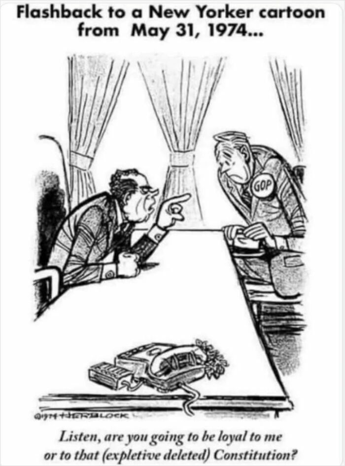1974 cartoon showing a tense meeting questioning loyalty, fitting predictions aged like wine in political context.