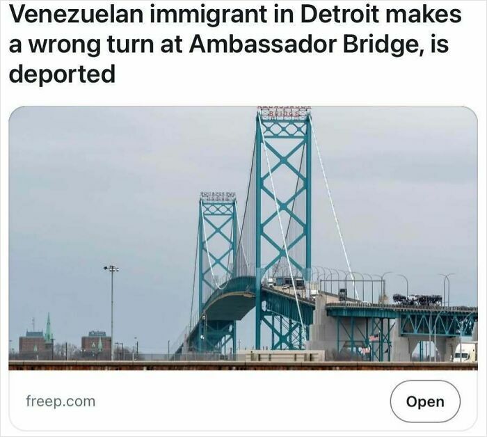 Ambassador Bridge in Detroit with vehicles, illustrating headlines that could pass for satire but are unfortunately true.