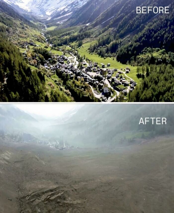 Aerial before and after photos showing the impact on world geography of a massive landslide in a green valley.