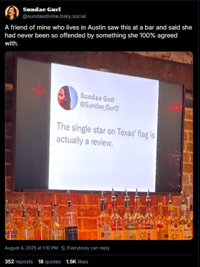 Tweet about the single star on Texas' flag showing courage to express a bold opinion at a bar in Austin.