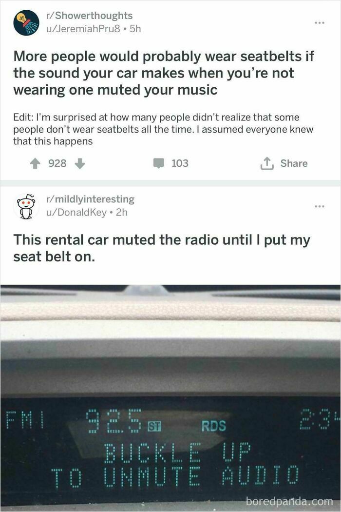 Screenshot of Reddit posts about rental cars muting audio until seatbelt is fastened, illustrating weird internet moments.