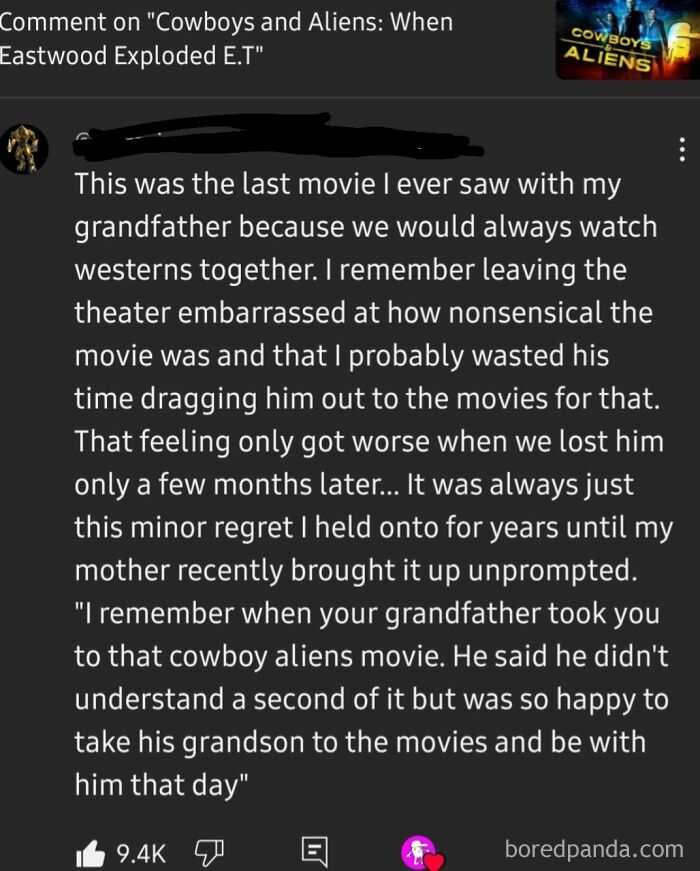 Screenshot of a funny internet comment sharing a heartfelt story about watching Cowboys and Aliens with grandfather.
