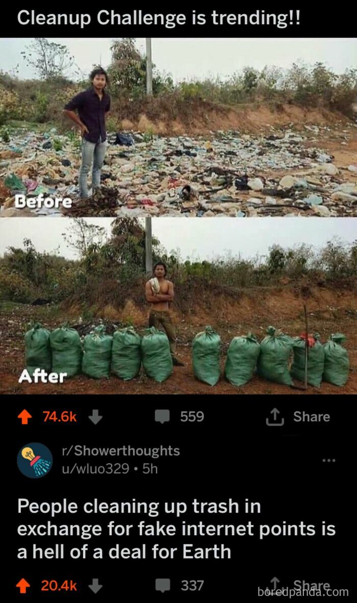 Man standing in trash-filled area before and after cleanup challenge showing bags of collected waste for weird internet moment screenshot.