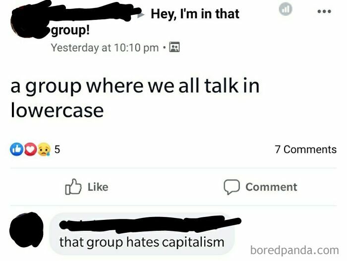 Screenshot of a social media post showing a weird internet group where all members talk in lowercase.