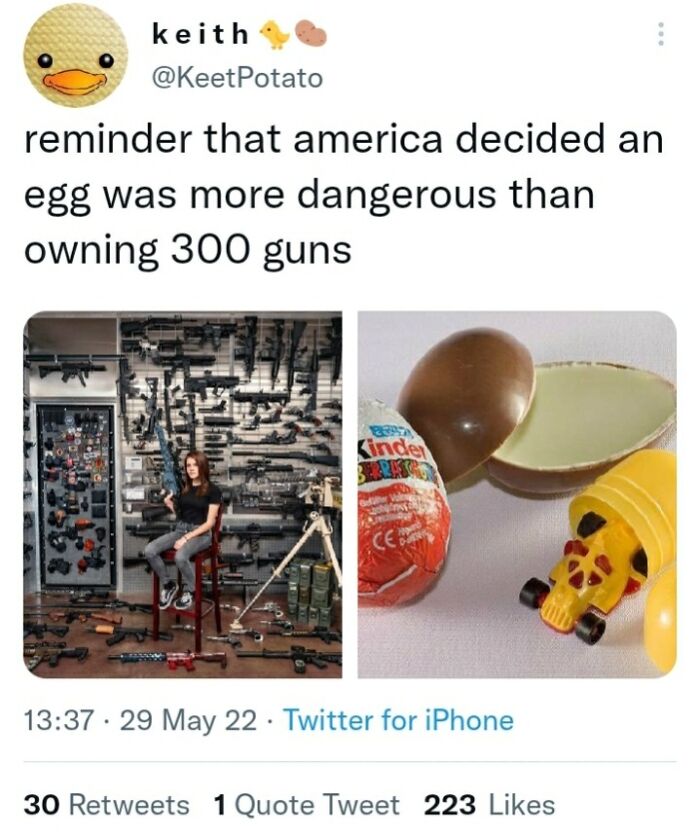 Screenshot of a weird internet post comparing dangers of an egg and owning 300 guns, illustrating odd internet moments.