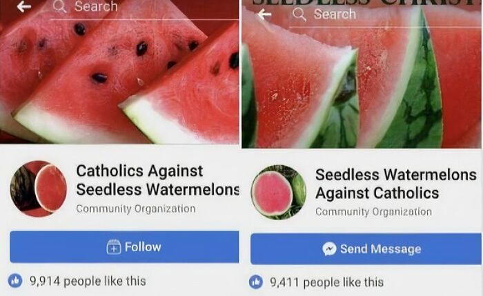 Two Facebook community pages with opposing names about seedless watermelons and Catholics, highlighting internet weirdness.