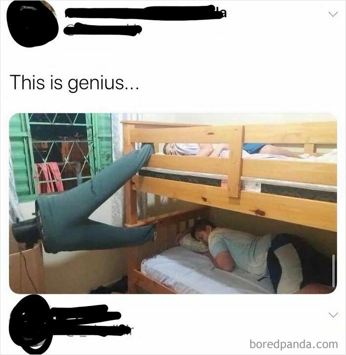Man using pillow legs to prop up bunk bed showing weird internet moment captured in a screenshot for unusual creativity.