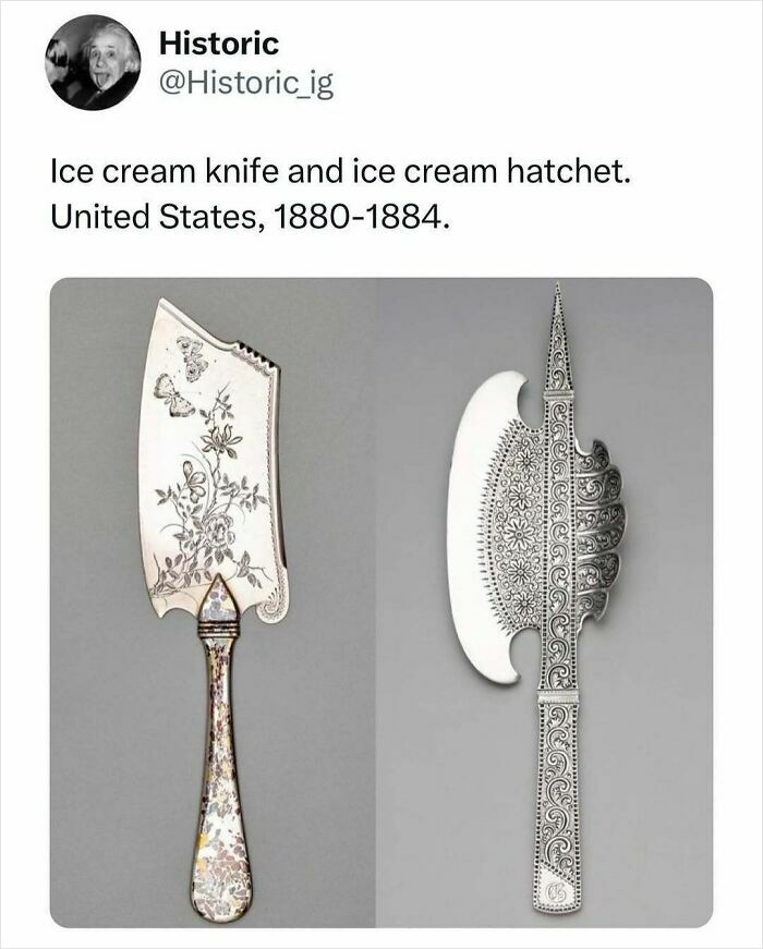 Decorative historic ice cream knife and hatchet from the United States, 1880-1884, showcasing intricate designs.