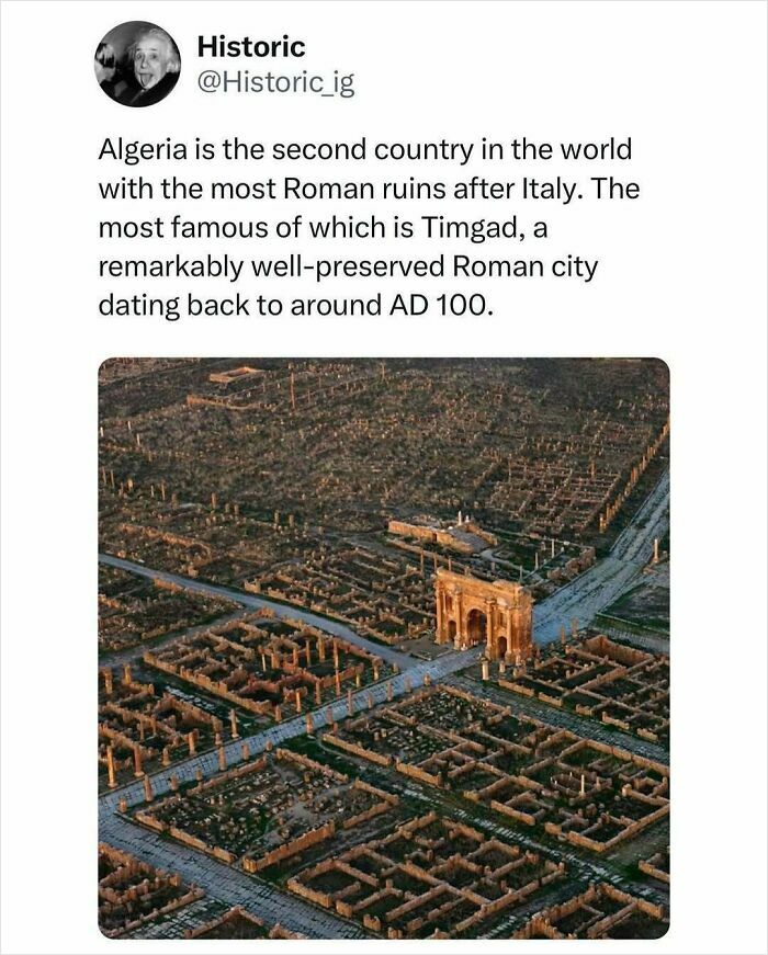 Aerial view of Timgad, a remarkably well-preserved Roman city in Algeria, featured in interesting historic photos.