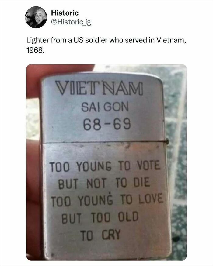 Lighter from a US soldier in Vietnam War 1968 with engraved message reflecting soldiers' emotions, historic photo.