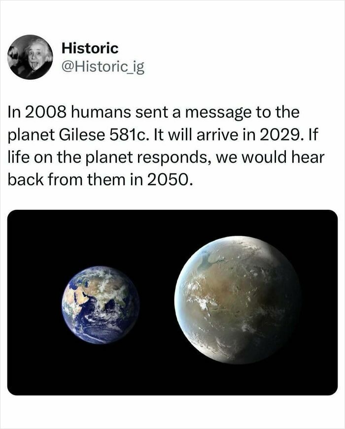 Historic post about humans sending a message to planet Gliese 581c, featured in interesting historic photos collection.