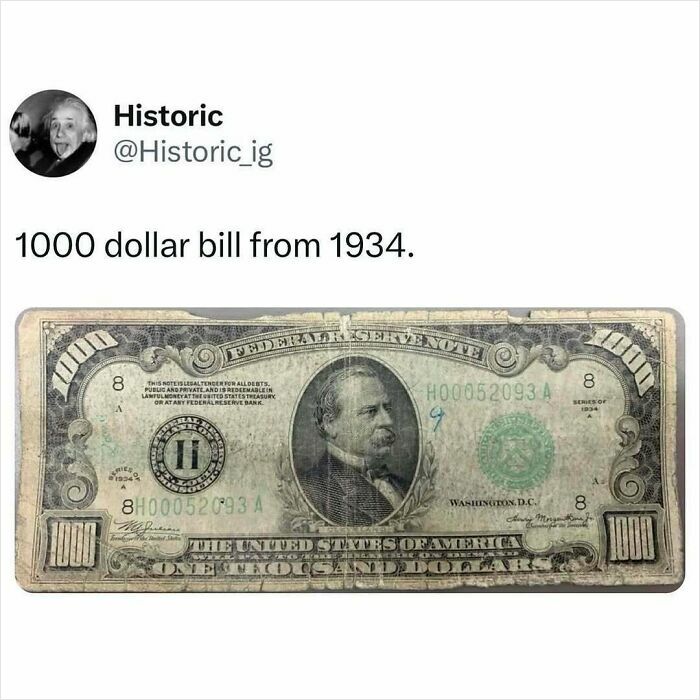 Historic photo of a 1934 one thousand dollar bill showcasing vintage currency details and design elements.