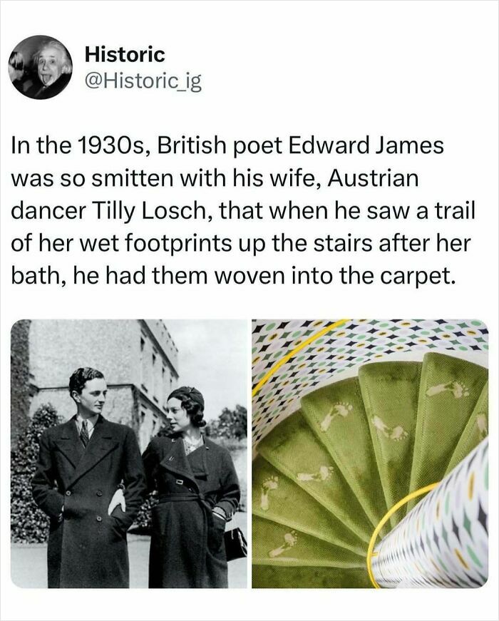 Historic photo of 1930s British poet Edward James with his wife and unique carpet featuring wet footprints on stairs.