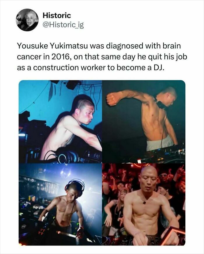 Collage of historic photos showing Yousuke Yukimatsu transforming from construction worker to DJ after brain cancer diagnosis.