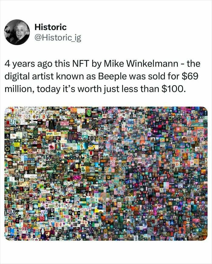 Historic photo showing digital NFT artwork by Beeple once sold for $69 million now valued under $100 in recent market changes.