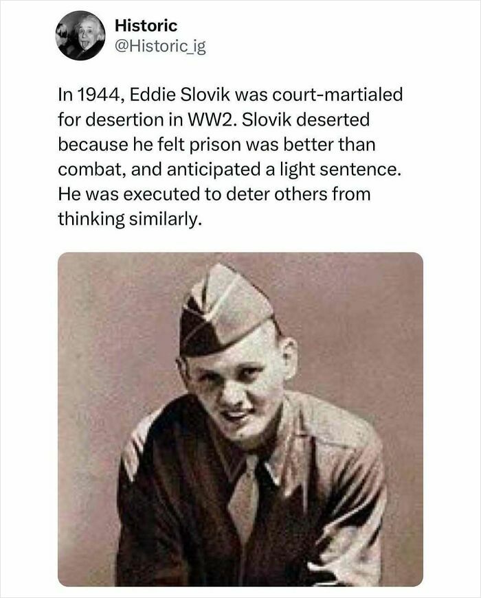 Historic photo of Eddie Slovik, the only US soldier executed for desertion in WWII, with a brief story behind the event.