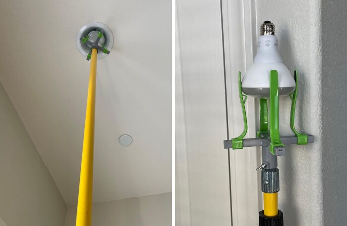 Ceiling light bulb changer tool with yellow extendable pole, a clever find under $20 for daily annoyances.