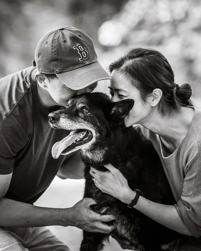 A couple sharing a tender moment with their dog, capturing touching final moments between pets and their humans.