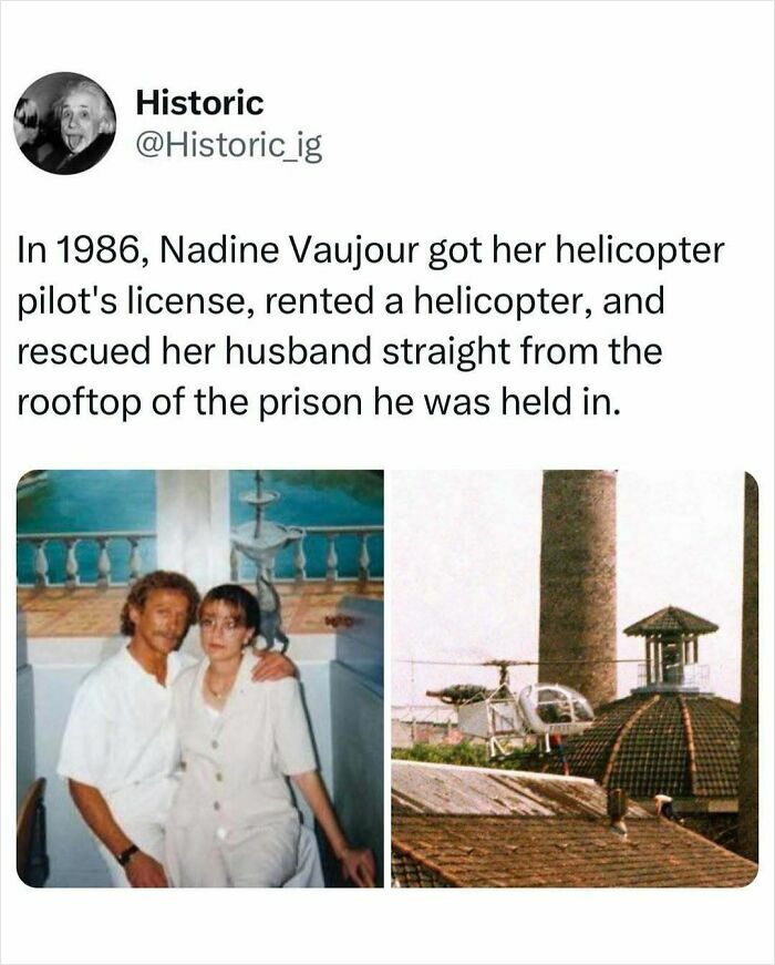 Historic photo showing Nadine Vaujour rescuing her husband by helicopter from a prison rooftop in 1986.