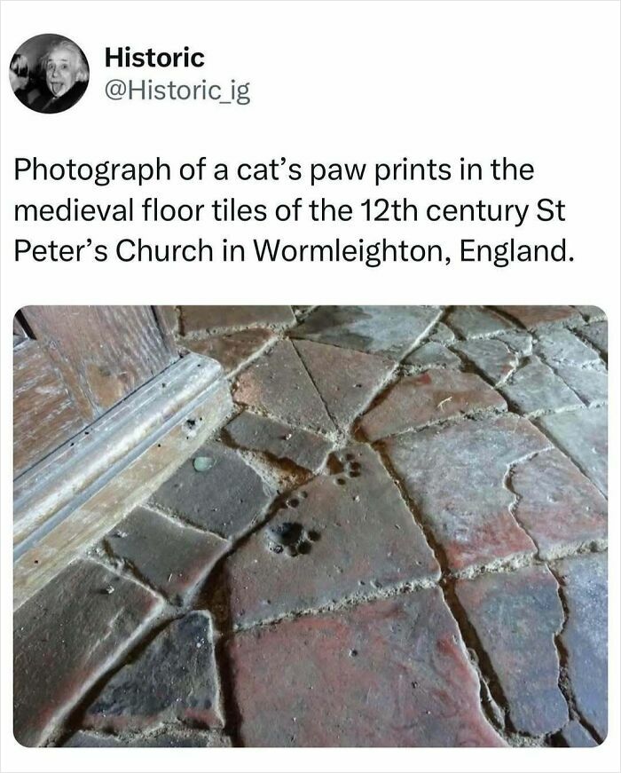 Cat’s paw prints preserved in medieval floor tiles of 12th century St Peter’s Church in Wormleighton, England, historic photo.