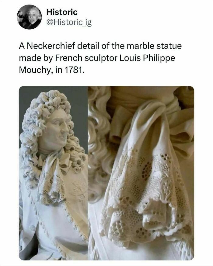 Marble statue detail of a neckerchief by French sculptor Louis Philippe Mouchy, showcasing historic craftsmanship from 1781.