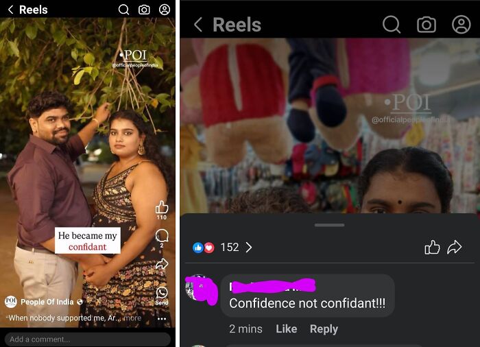 Couple posing for a photo with a humorous comment highlighting incorrect word correction by an overconfident person.