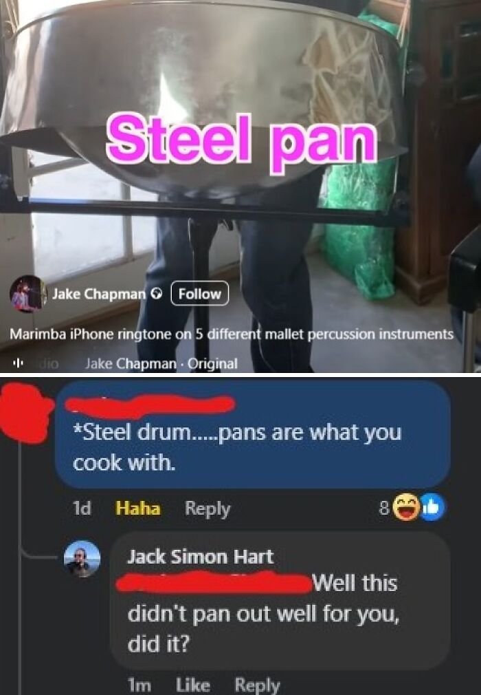 Person incorrectly correcting steel pan as a cooking pan in an online group shaming overconfident know-it-alls.