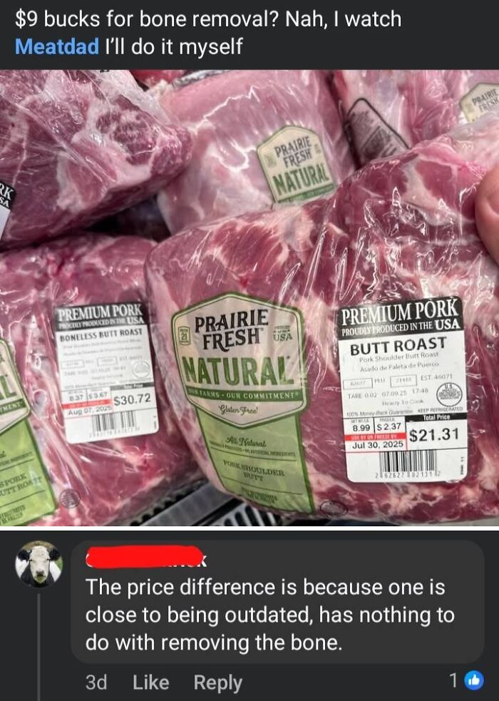 Packages of premium pork b**t roast with labels and a social media comment correcting a price misconception.
