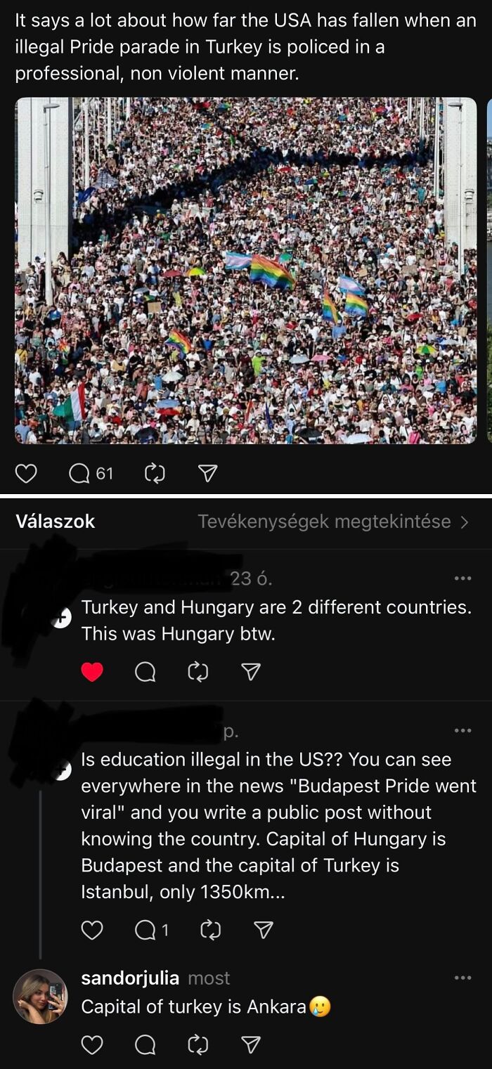 Large crowd at a Budapest Pride parade with rainbow and transgender flags, highlighting overconfident incorrect corrections online.