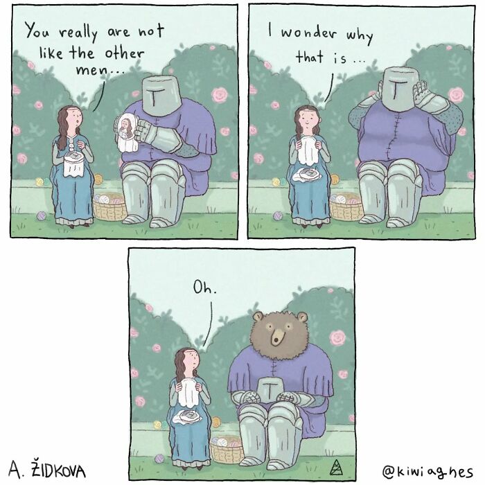 Comic strip featuring a woman and a knight, humorously revealing the knight is actually a bear in armor, funny unexpected comics.