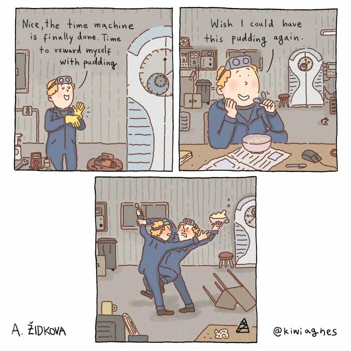 Funny and unexpected comic panels showing a time traveler rewarded with pudding in a quirky lab setting.