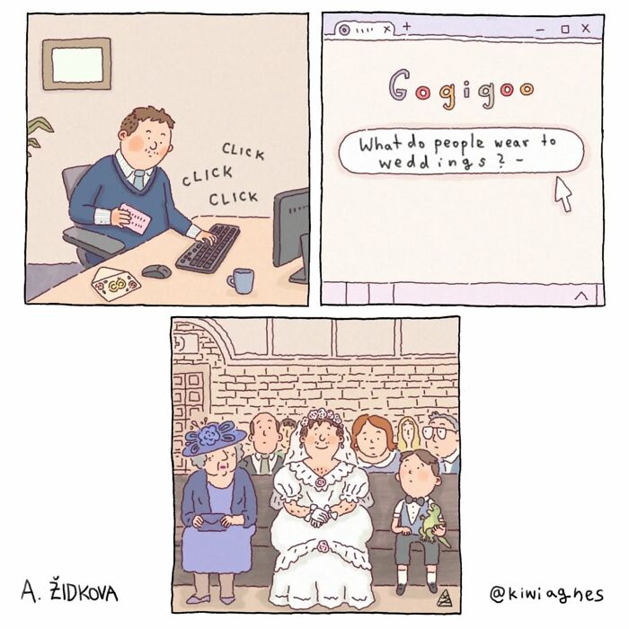 Man typing on a computer searching wedding attire, comic showing funny and unexpected wedding guests in funny comics.