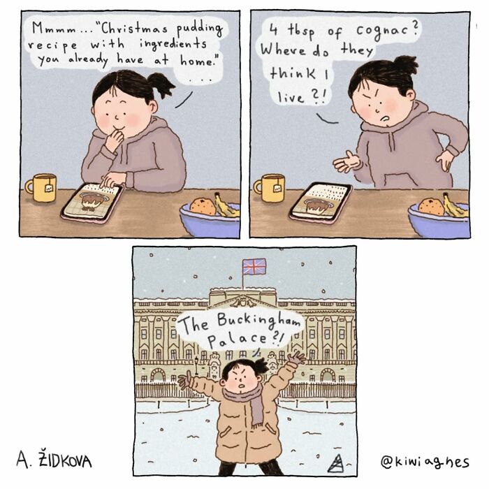 Comic strip of a woman humorously misunderstanding a recipe’s cognac ingredient as living in Buckingham Palace.