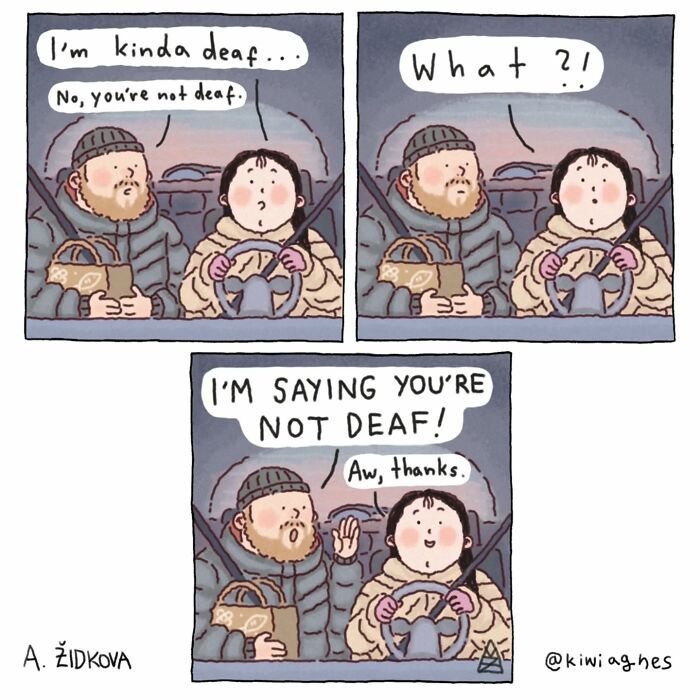 Comic showing a funny and unexpected conversation between two people in a car, part of funny and unexpected comics.
