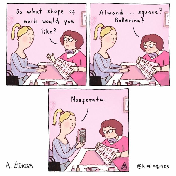 Comic showing a funny nail salon scene with a customer choosing Nosferatu-shaped nails for a humorous twist.