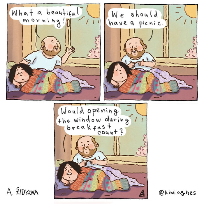 Comic strip showing a couple in bed discussing having a picnic and opening the window during breakfast.