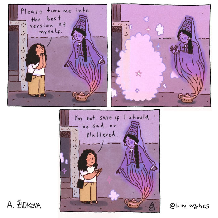 Comic strip showing a girl asking a genie to make her the best version of herself in a funny, unexpected moment.