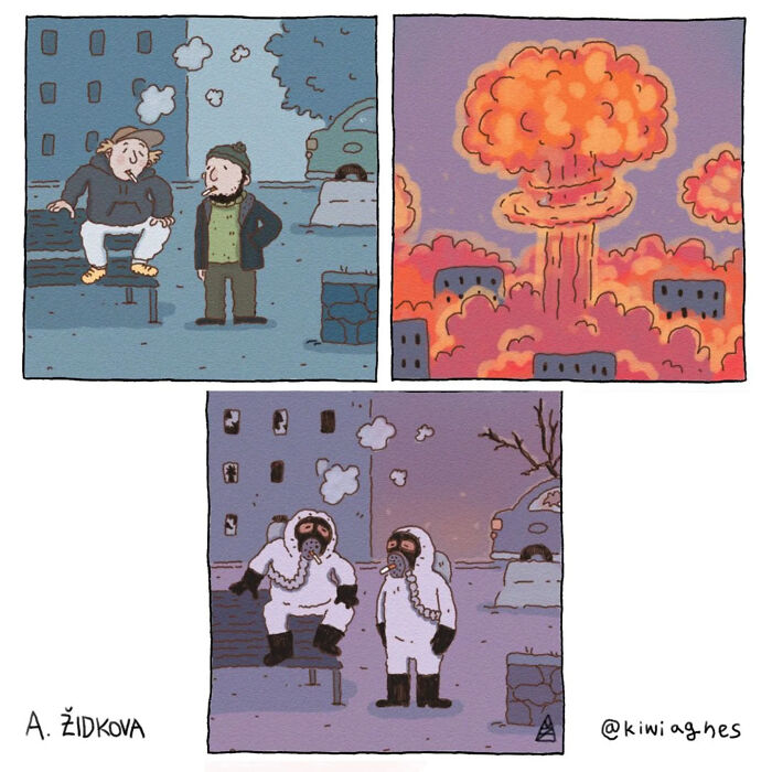 Comic panels showing two men smoking, a nuclear explosion, and the same men in hazmat suits with masks for safety in a funny unexpected scene.