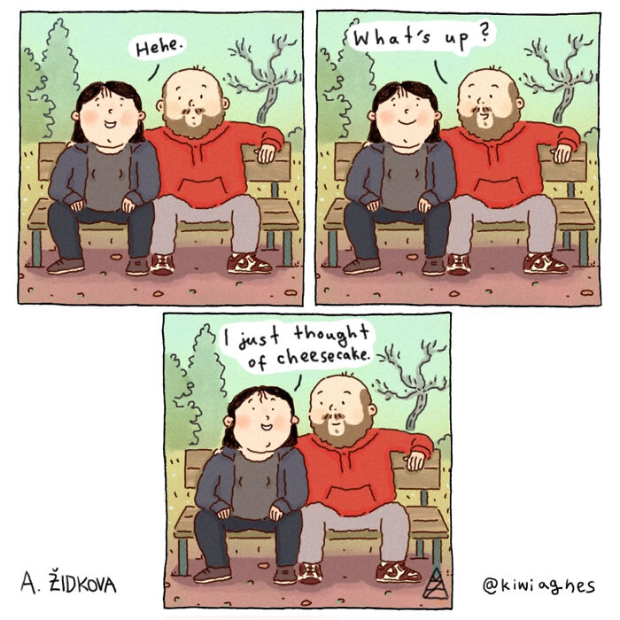 A funny comic strip showing two people on a park bench sharing a lighthearted moment about cheesecake.