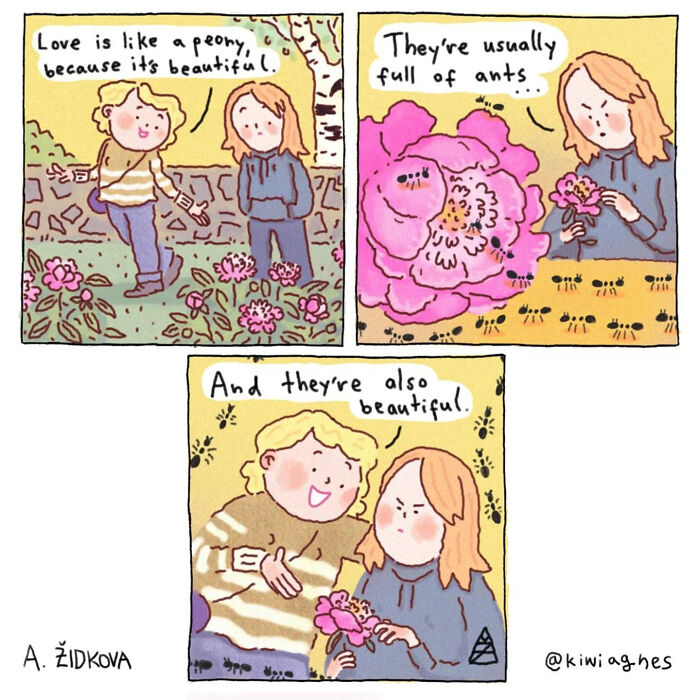 Comic strip showing two people talking about love and peonies, with ants on flowers, in a funny and unexpected style.