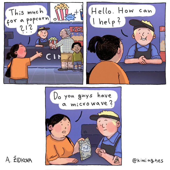 Funny and unexpected comic showing a customer asking for a microwave at a movie theater popcorn counter.