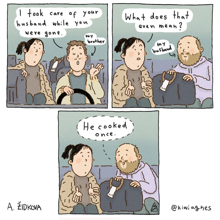 Funny and unexpected comic showing a humorous conversation about confusing a husband with a brother while cooking once.