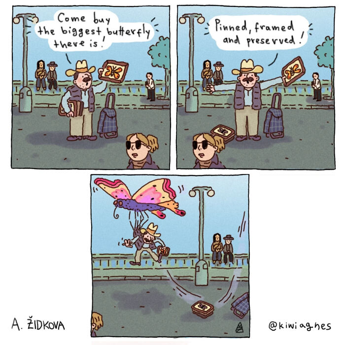 Comic strip showing a funny and unexpected scene with a giant butterfly, fitting the funny comics keyword.