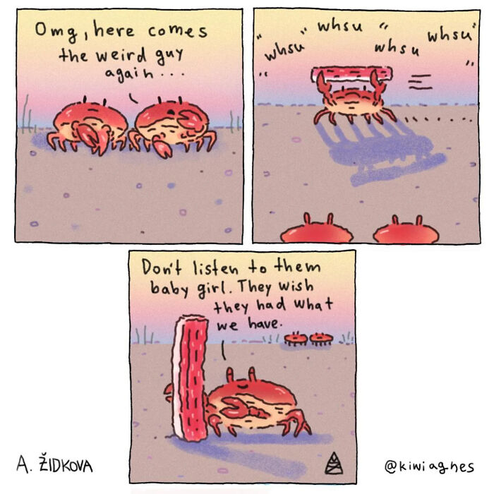 Three-panel funny comic featuring crabs on a beach with a humorous dialogue about being the weird crab, in a cartoon style.